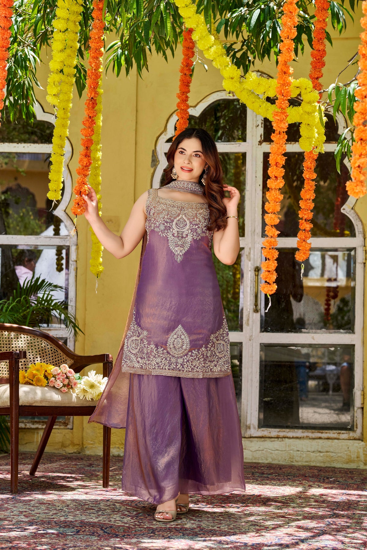 Fendy Satin Embroidered Palazzo Set ✨
