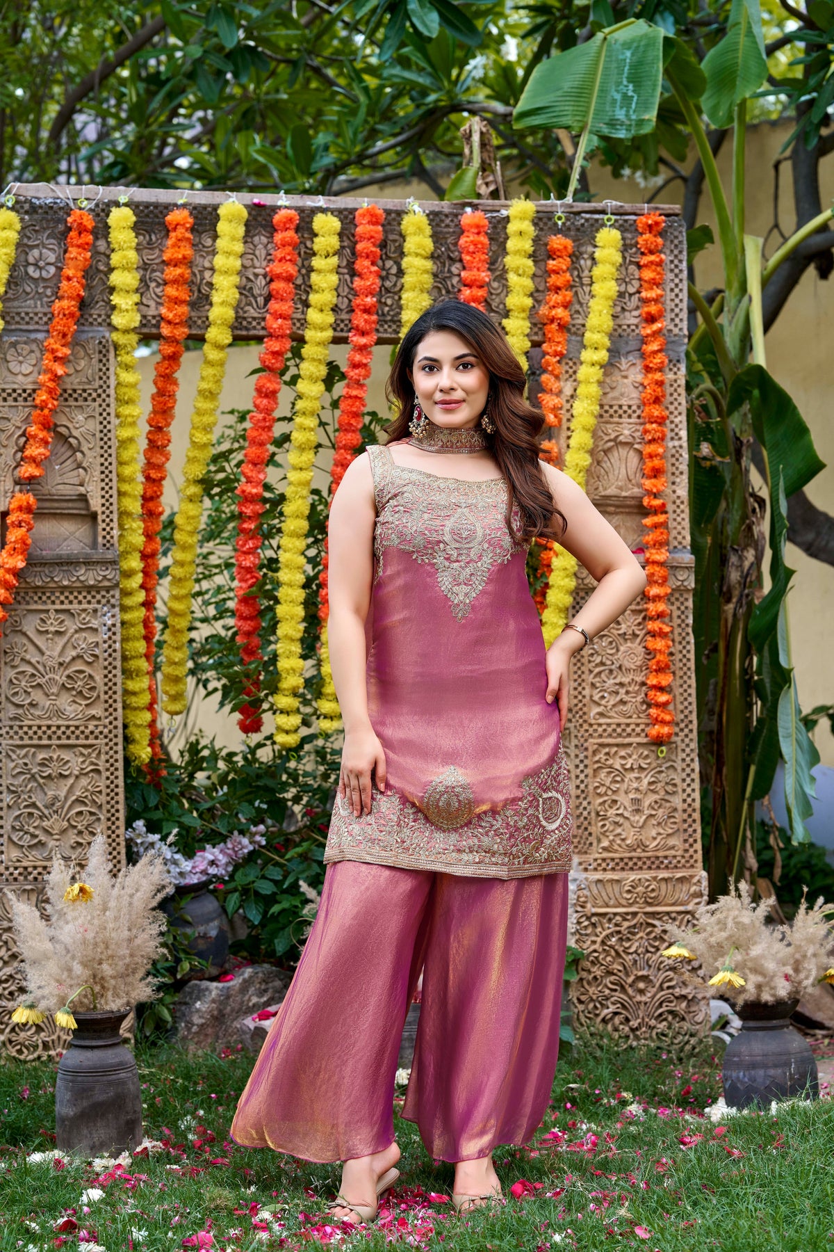 Fendy Satin Embroidered Palazzo Set ✨