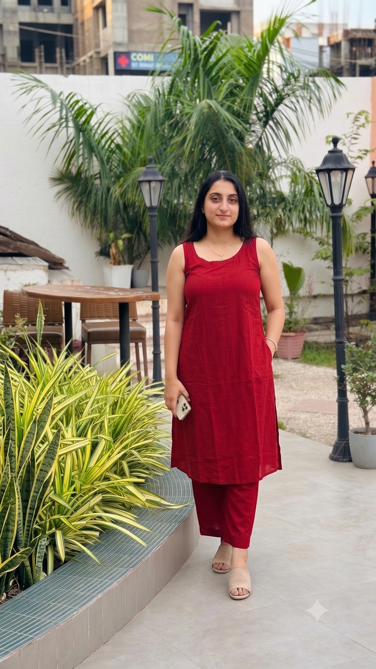 Women's Sleeveless A-Line Maroon Kurta with Wide-Leg Pants BY THEMACHINGCLUB