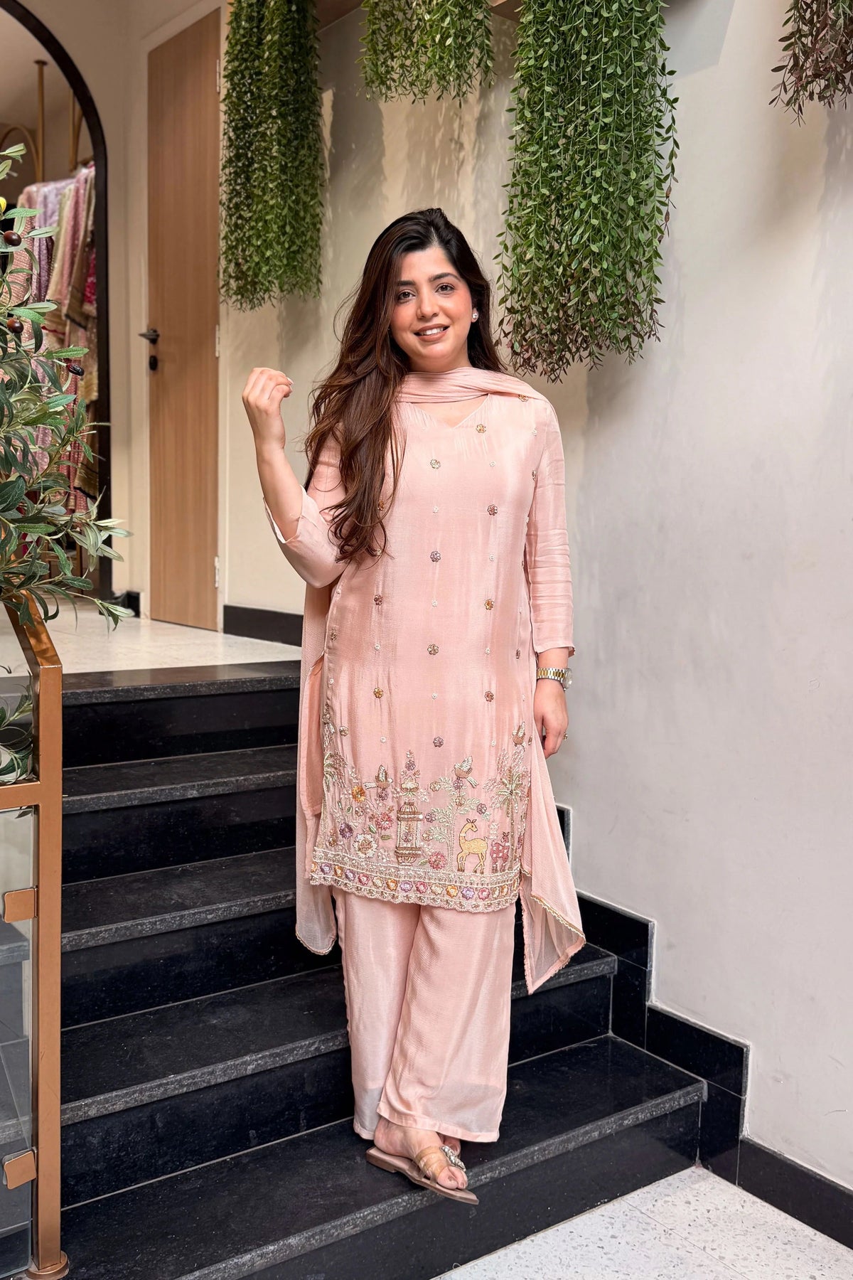 French Crepe Satin Embroidered Suit Set