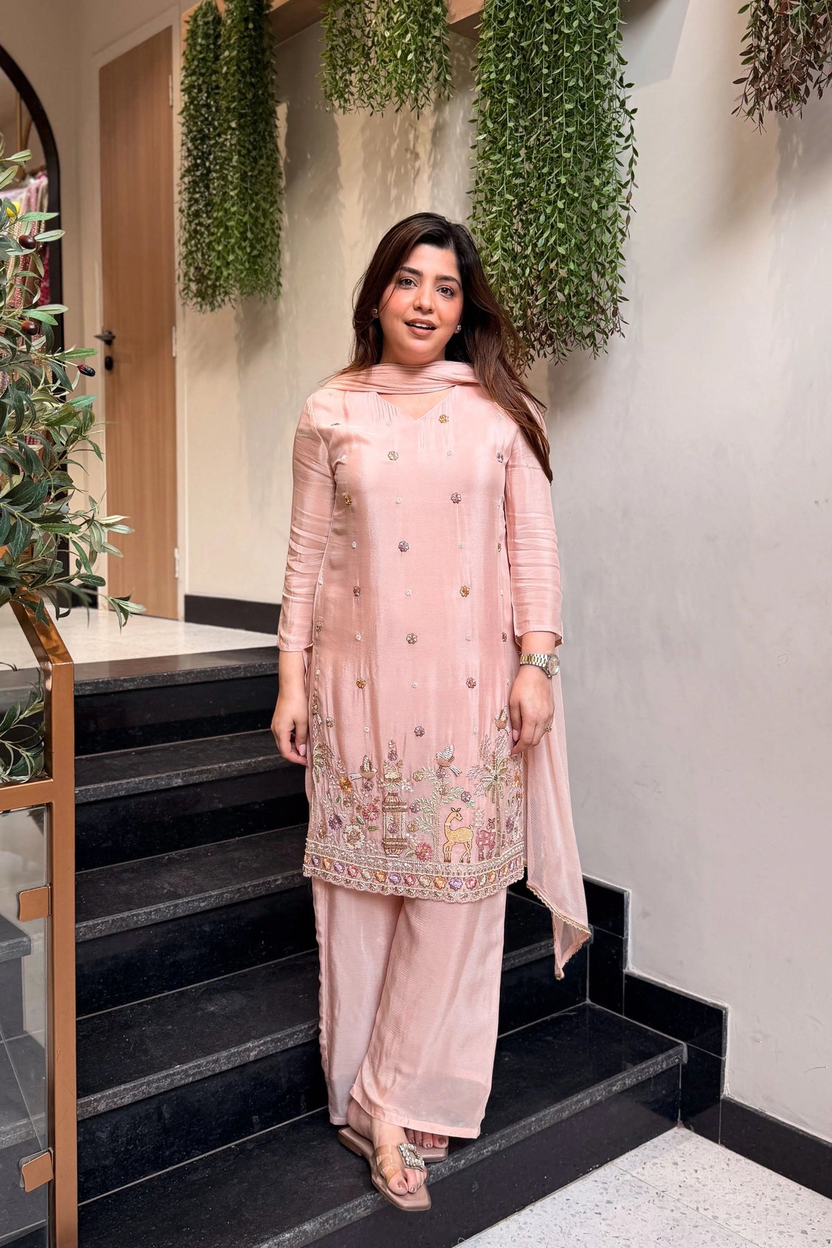 French Crepe Satin Embroidered Suit Set