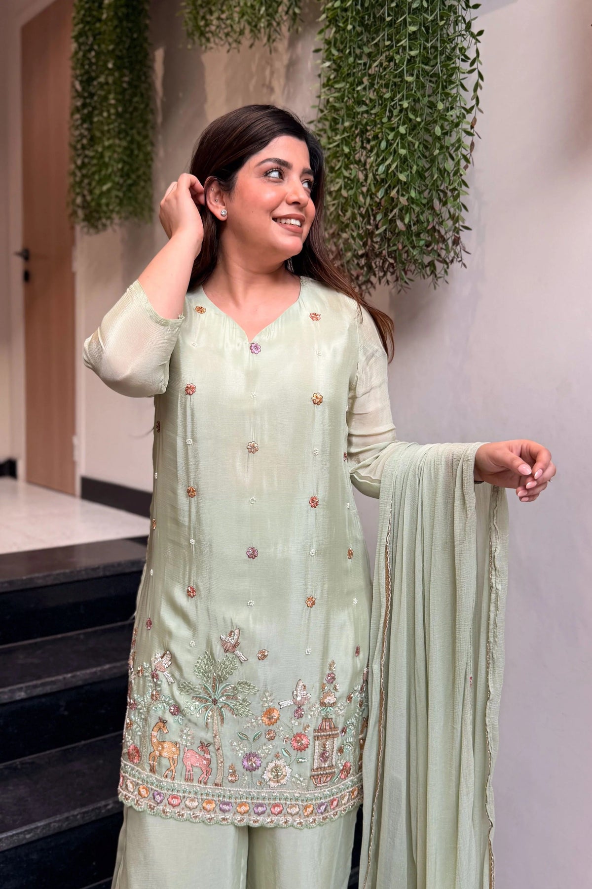 French Crepe Satin Embroidered Suit Set