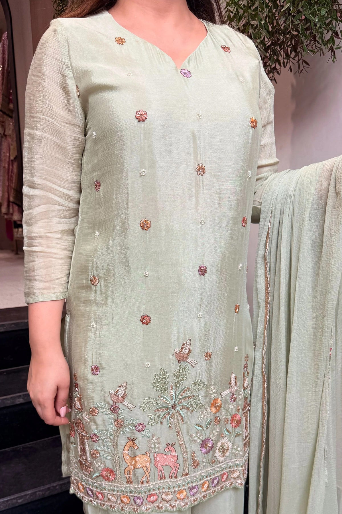 French Crepe Satin Embroidered Suit Set