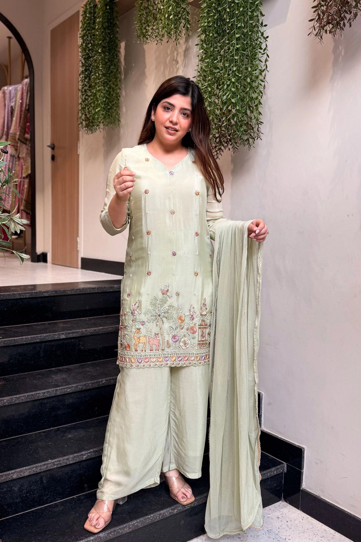 French Crepe Satin Embroidered Suit Set