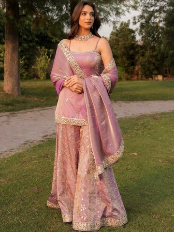 Fendy Satin Embroidered Sharara Set ✨