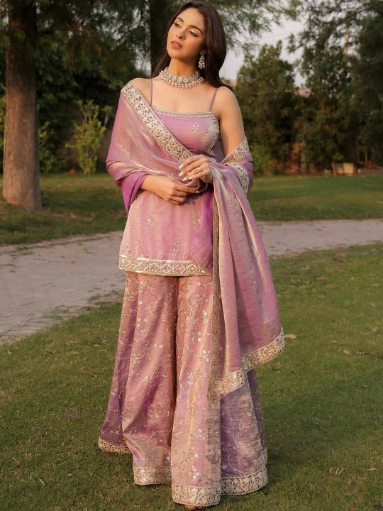 Fendy Satin Embroidered Sharara Set ✨